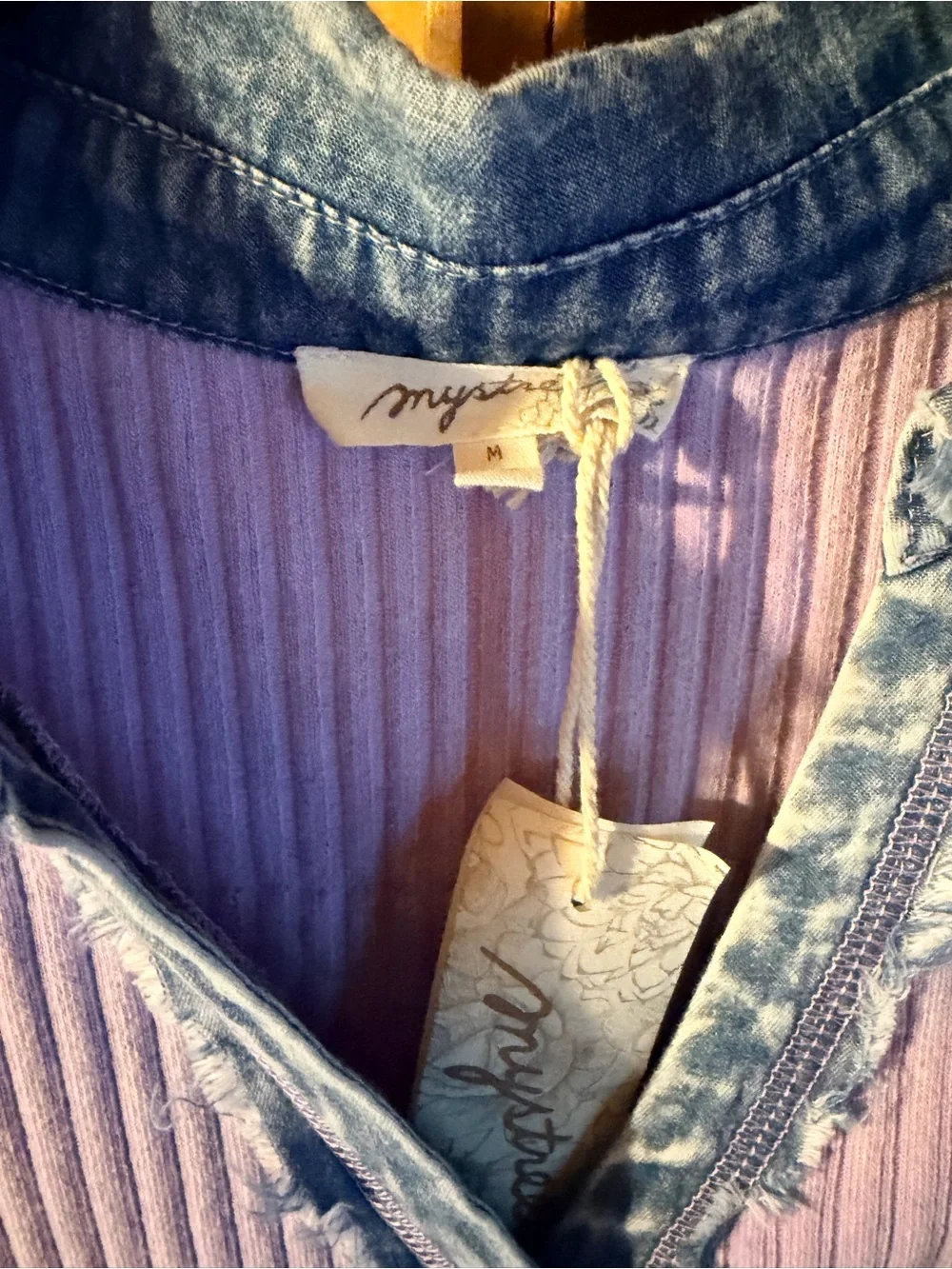 Mystree Lavender Ribbed Tank with Washed Chambray Trim - Picture 3 of 3